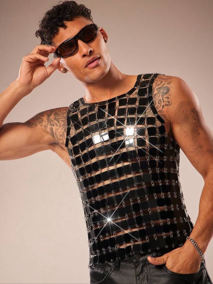 Men's Sequin Decor Sheer Crew Neck Tank Top, Suitable For Parties And Gatherings